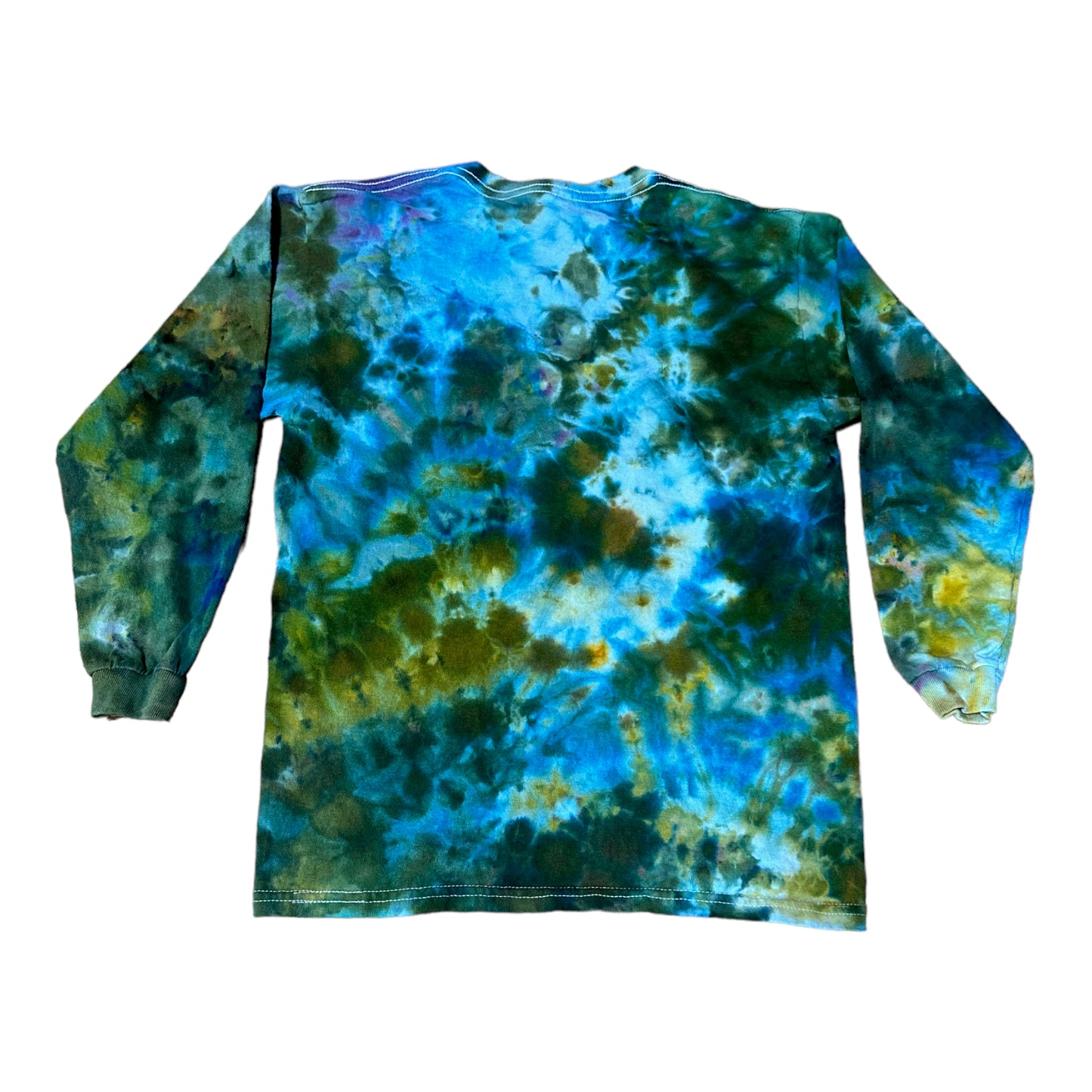 Youth Medium Moss Green Turquoise Blue and Golden Yellow Scrunch Ice Dye Tie Dye Long Sleeve Shirt