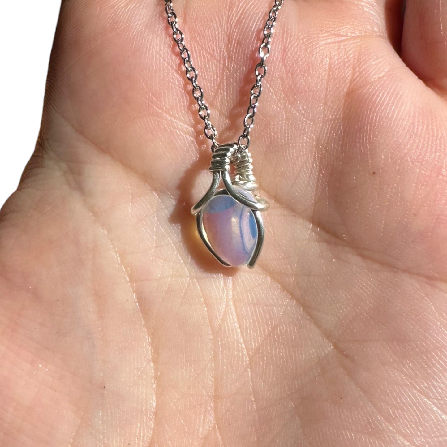 Sterling Silver | 14KT Gold Filled Mini Teardrop Opalite Wishbone Wire Wrapped Pendant