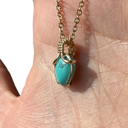 Sterling Silver | 14KT Gold Filled Mini Teardrop Turquoise Wishbone Wire Wrapped Pendant