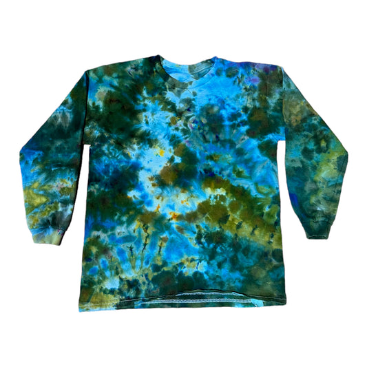 Youth Medium Moss Green Turquoise Blue and Golden Yellow Scrunch Ice Dye Tie Dye Long Sleeve Shirt