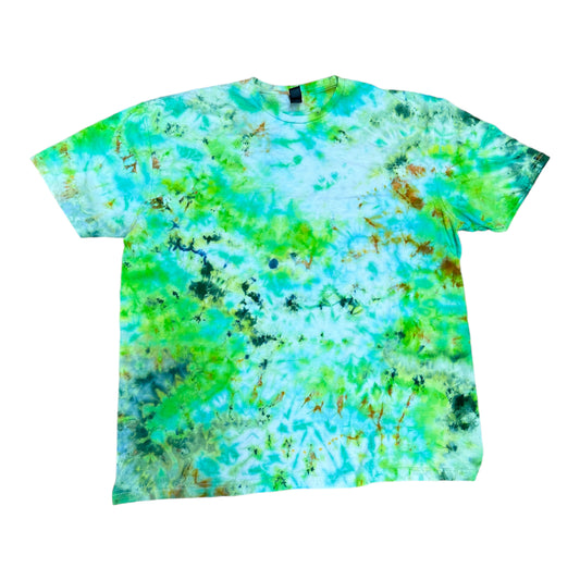 Adult XL Golden Yellow Green and Blue Scrunch Ice Dye Tie Dye Shirt
