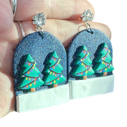 Hypoallergenic Hand Painted Christmas Snow Globe Christmas Trees Dangle Clay Earrings