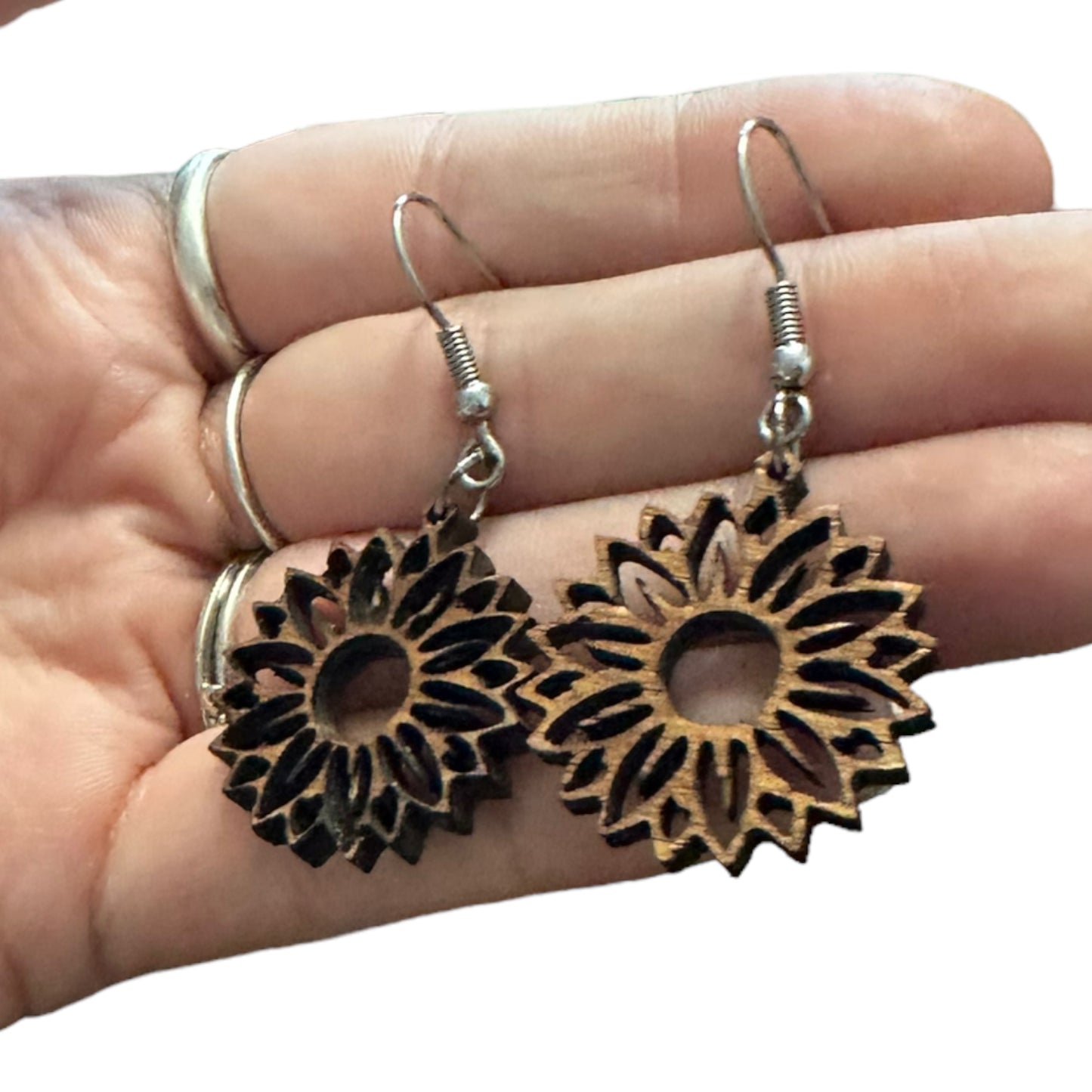 Natural Hypoallergenic Circular Sunflower Wood Laser Engraved Wood Earrings