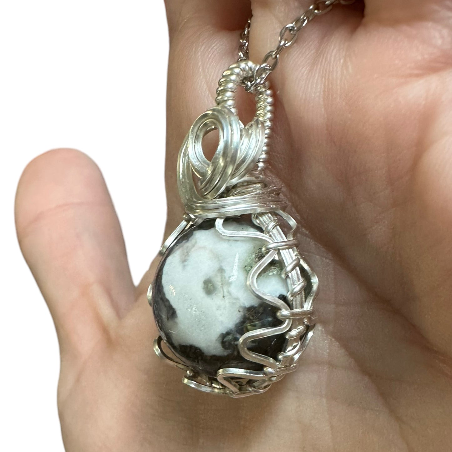 Sterling Silver Wire Wrapped Moss Agate Crystal Fidget Bezel Pendant