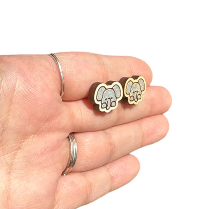 Hypoallergenic Hand Painted Silver Elephant Laser Engraved Wood Stud Earrings