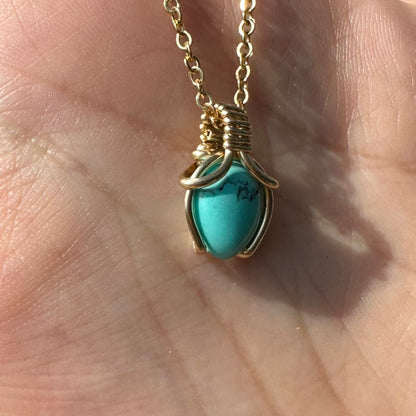 Sterling Silver | 14KT Gold Filled Mini Teardrop Turquoise Wishbone Wire Wrapped Pendant