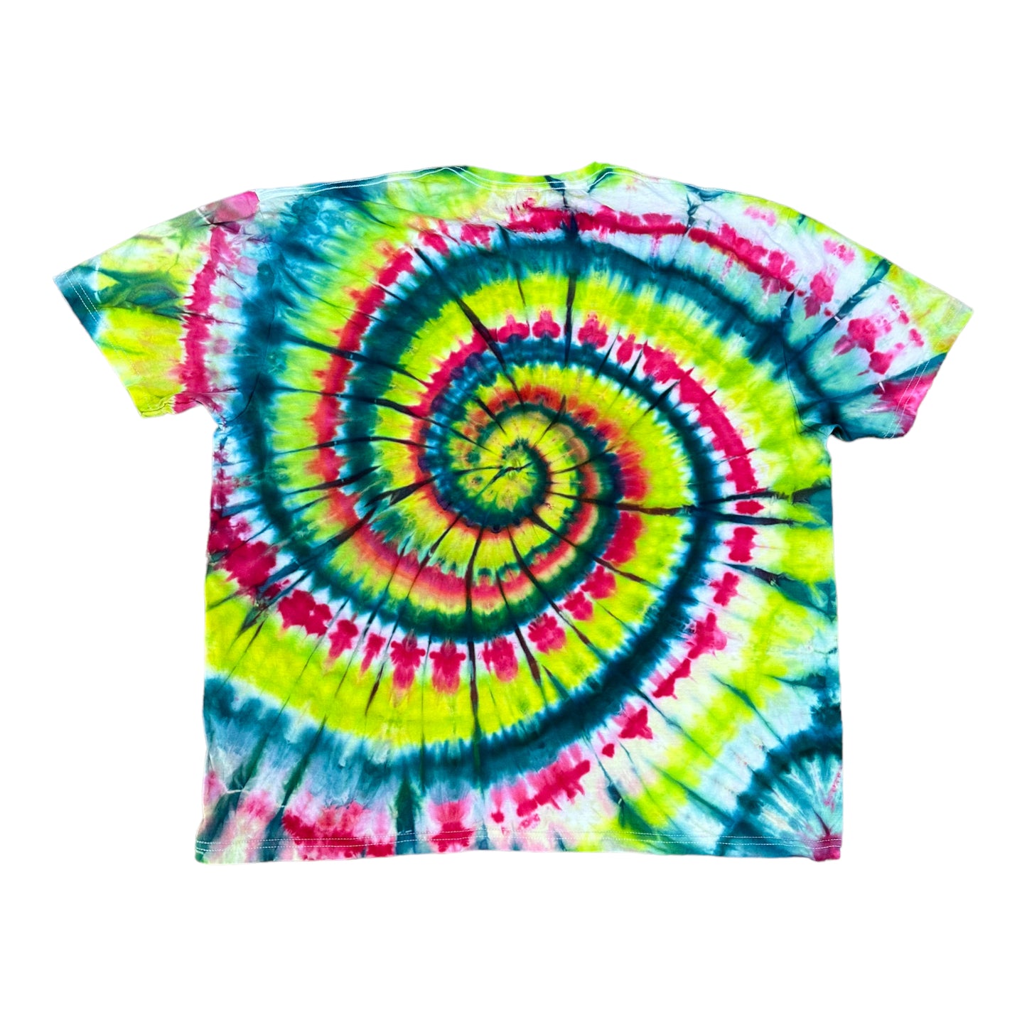 Adult 2XL Hot Pink Teal Blue and Bright Yellow Green Spiral Ice Dye Tie Dye Shirt