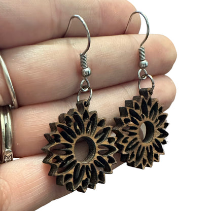 Natural Hypoallergenic Circular Sunflower Wood Laser Engraved Wood Earrings