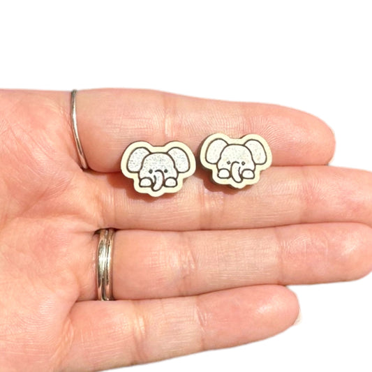 Hypoallergenic Hand Painted Silver Elephant Laser Engraved Wood Stud Earrings