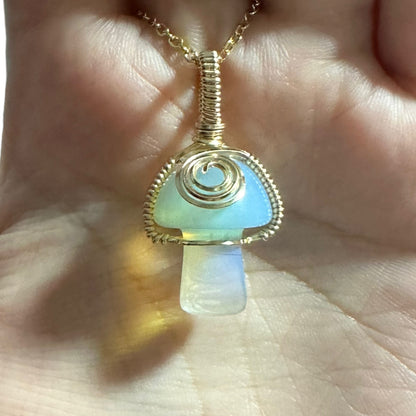 Sterling Silver | 14KT Gold Filled Wire Wrapped Opalite Crystal Mushroom Pendant