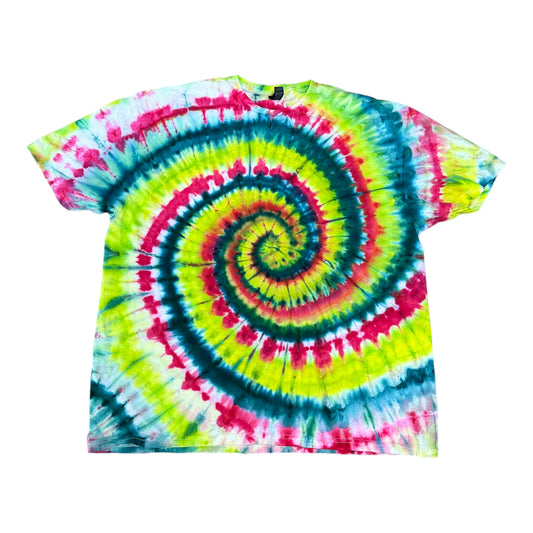 Adult 2XL Hot Pink Teal Blue and Bright Yellow Green Spiral Ice Dye Tie Dye Shirt