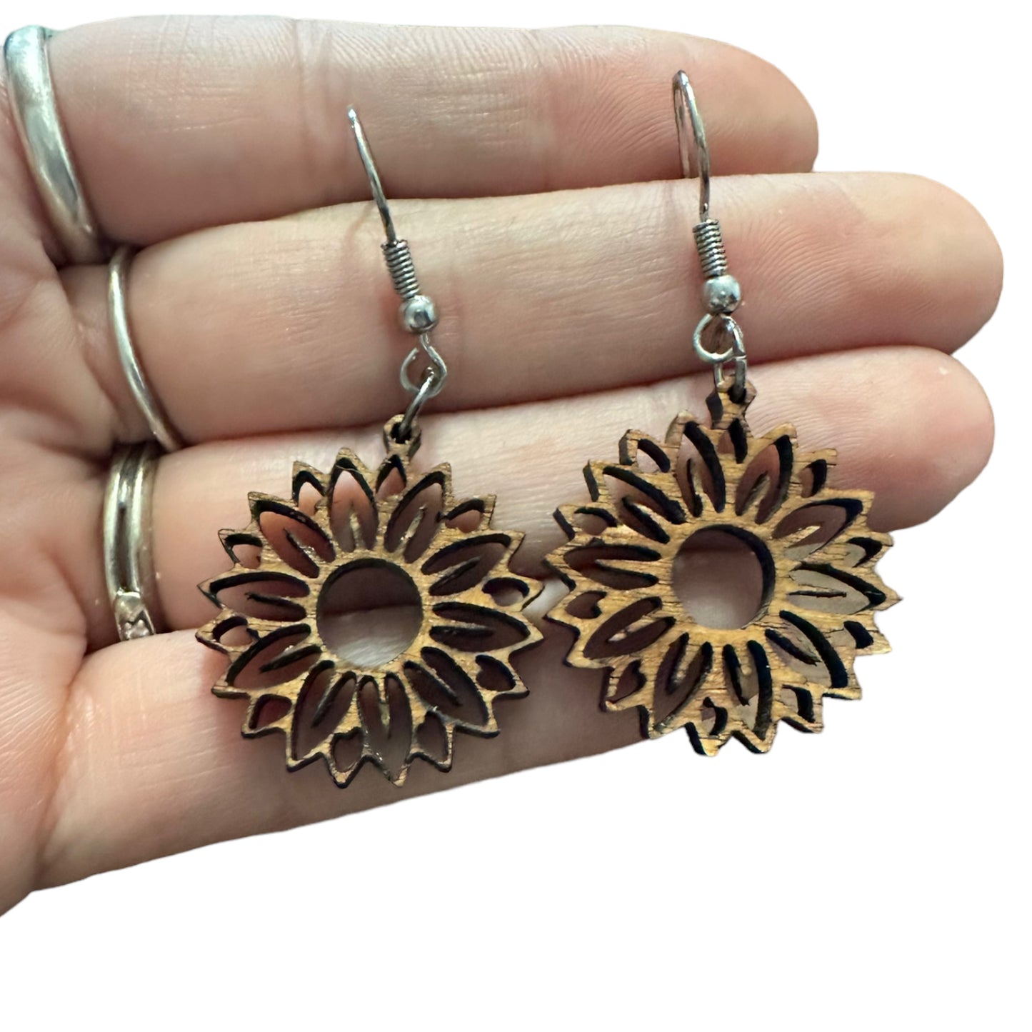 Natural Hypoallergenic Circular Sunflower Wood Laser Engraved Wood Earrings