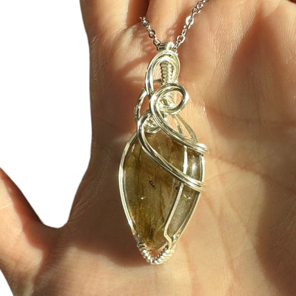 Sterling Silver Wire Wrapped Labradorite Teardrop Crystal Bezel Pendant