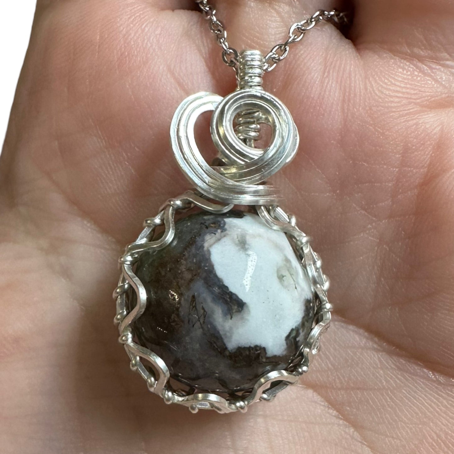 Sterling Silver Wire Wrapped Moss Agate Crystal Fidget Bezel Pendant