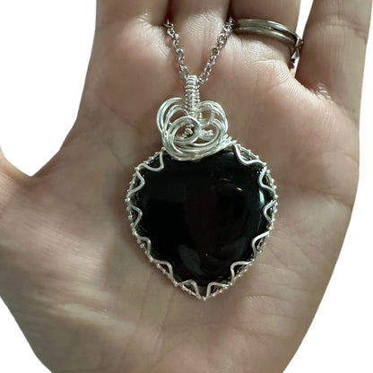 Sterling Silver Wire Wrapped Onyx Heart Crystal Triangle Bezel Pendant