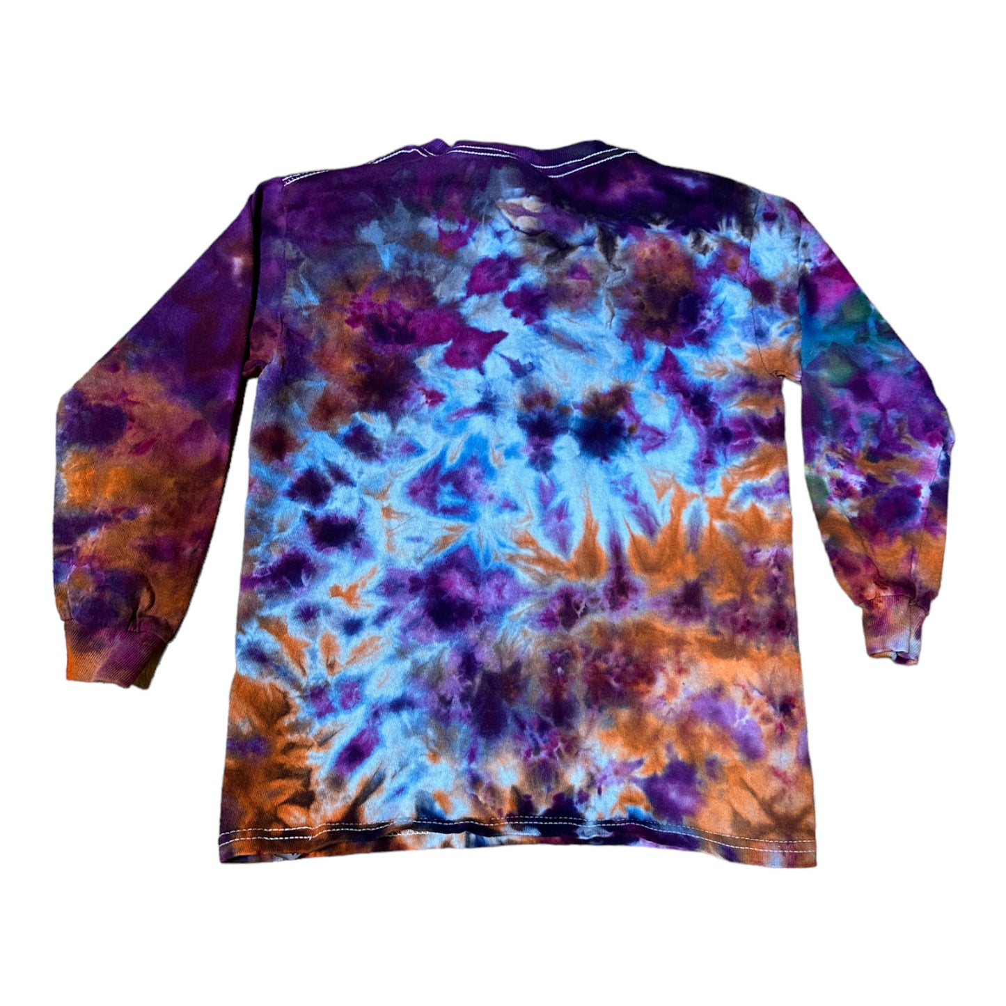 Youth Small Purple Blue and Orange Scrunch Ice Dye Tie Dye Long Sleeve Shirt