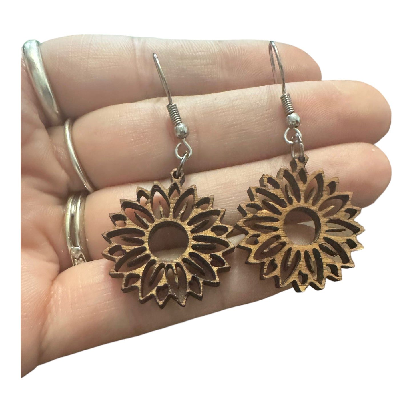 Natural Hypoallergenic Circular Sunflower Wood Laser Engraved Wood Earrings