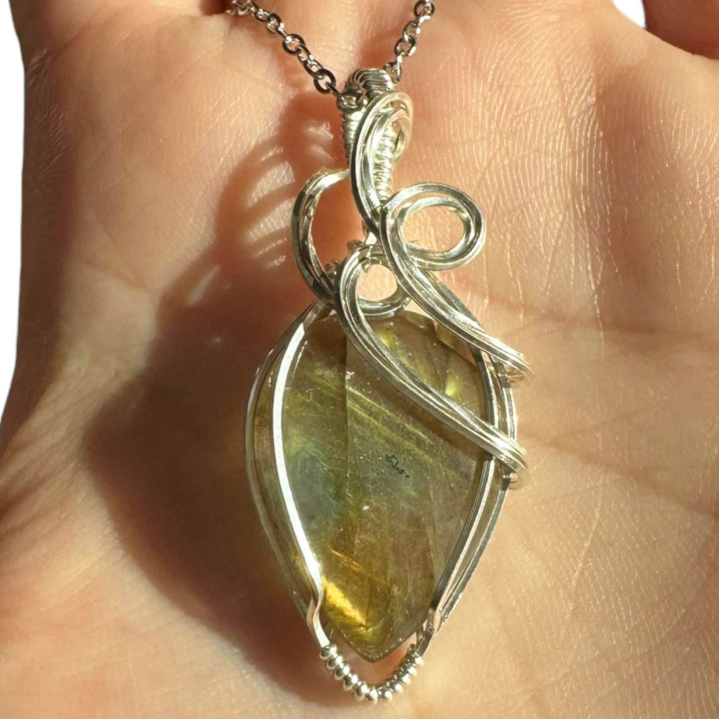 Sterling Silver Wire Wrapped Labradorite Teardrop Crystal Bezel Pendant