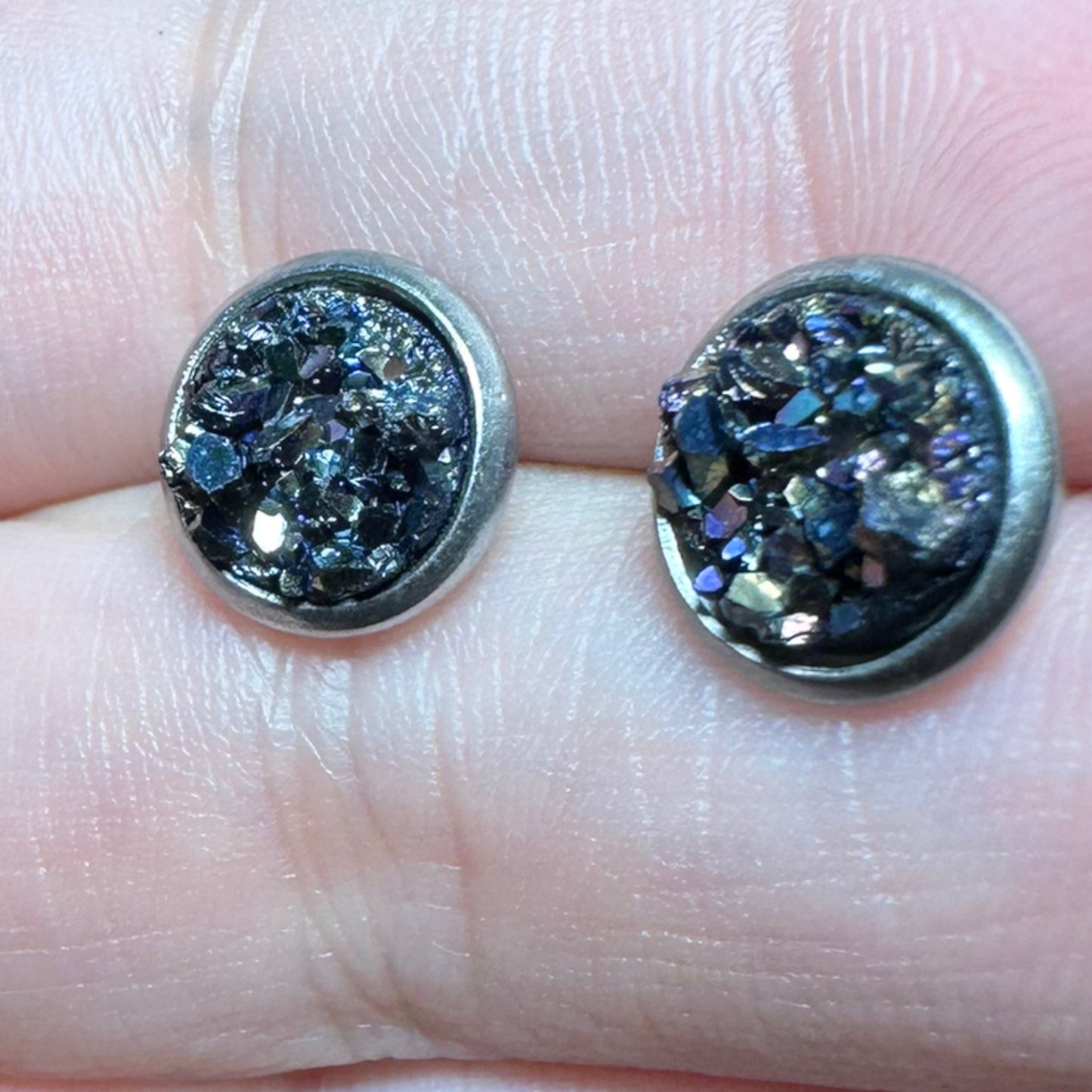 8MM Hypoallergenic Metallic Blue Druzy Earring Studs