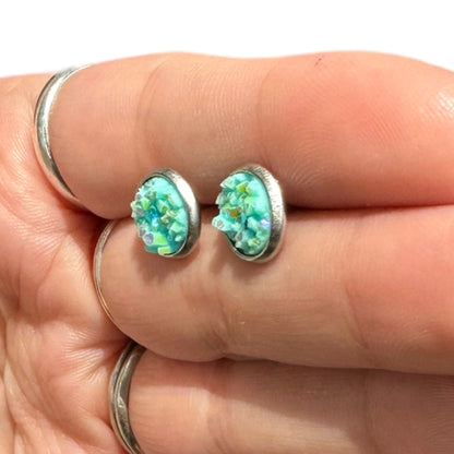 8MM Hypoallergenic Tiffany Blue Sparkle Druzy Earring Studs