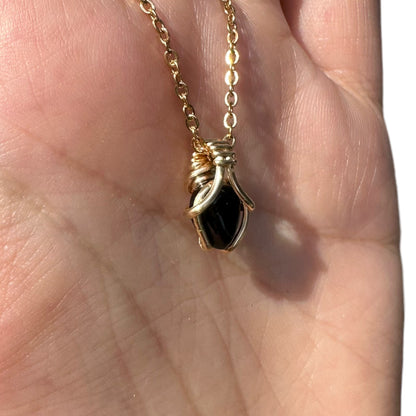 Sterling Silver | 14KT Gold Filled Mini Teardrop Onyx Wire Wrapped Wishbone Pendant