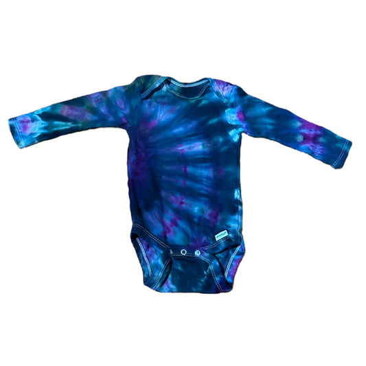 Infant 6-9 Months Navy Blue and Purple Side Spiral Ice Dye Tie Dye Long Sleeve Onesie