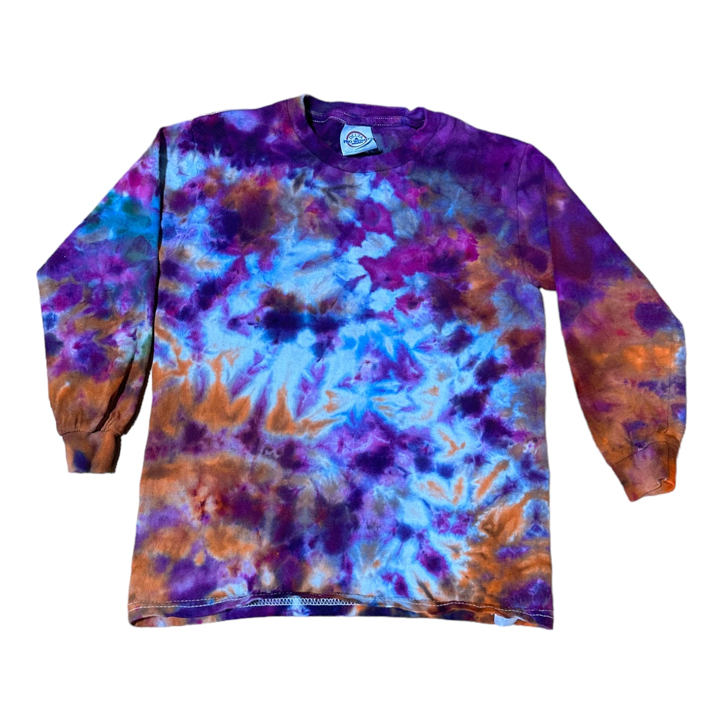 Youth Small Purple Blue and Orange Scrunch Ice Dye Tie Dye Long Sleeve Shirt