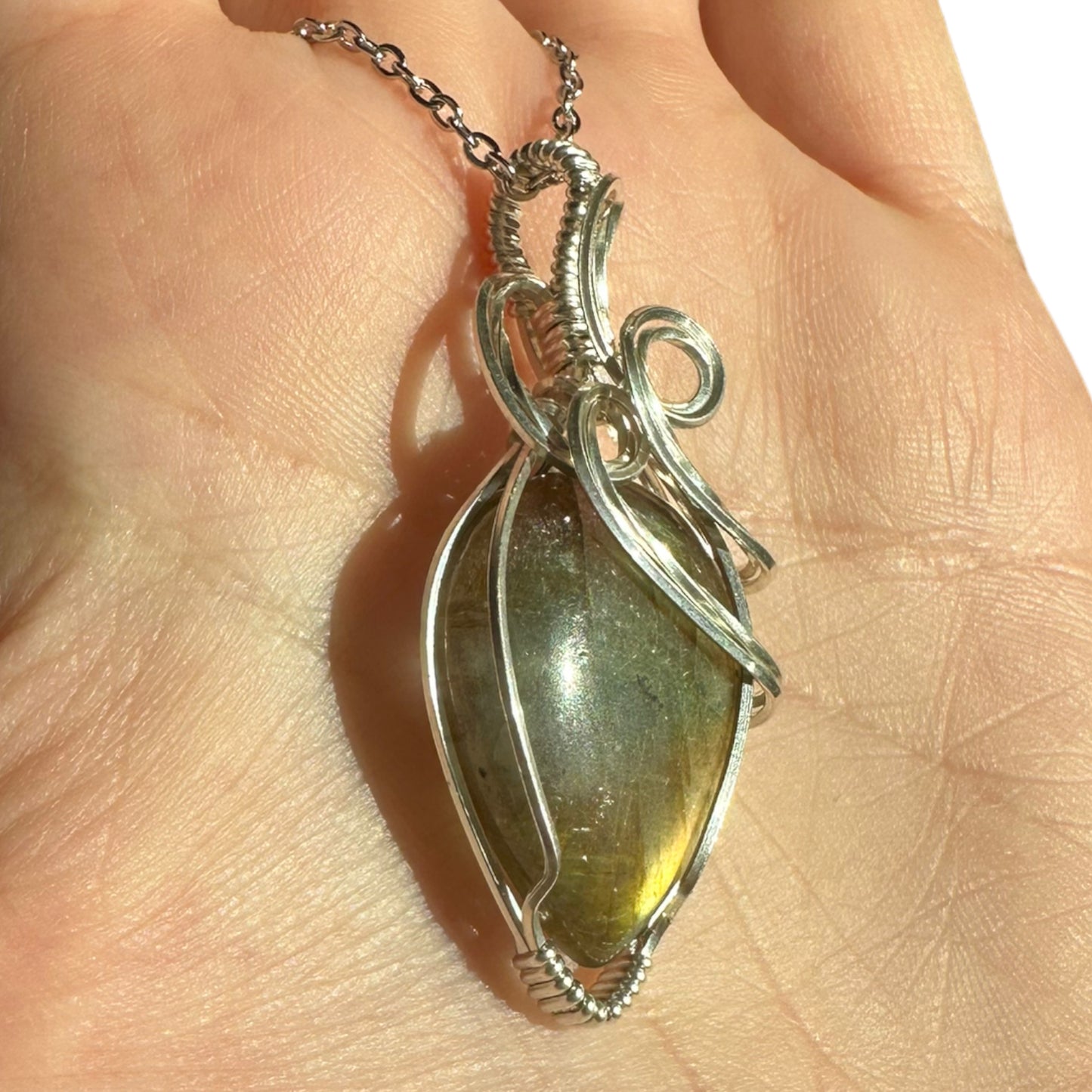 Sterling Silver Wire Wrapped Labradorite Teardrop Crystal Bezel Pendant