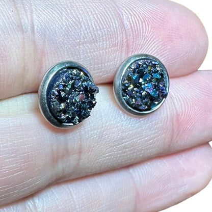 8MM Hypoallergenic Metallic Blue Druzy Earring Studs