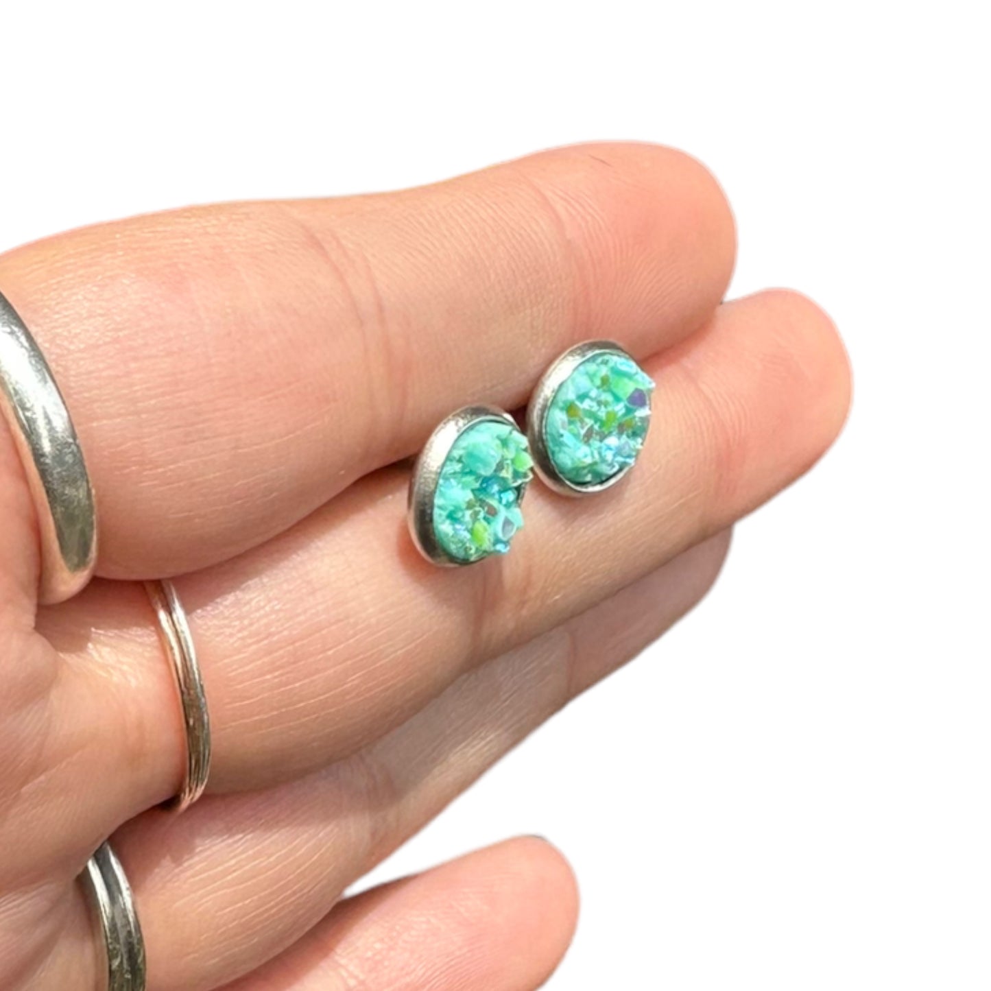 8MM Hypoallergenic Tiffany Blue Sparkle Druzy Earring Studs