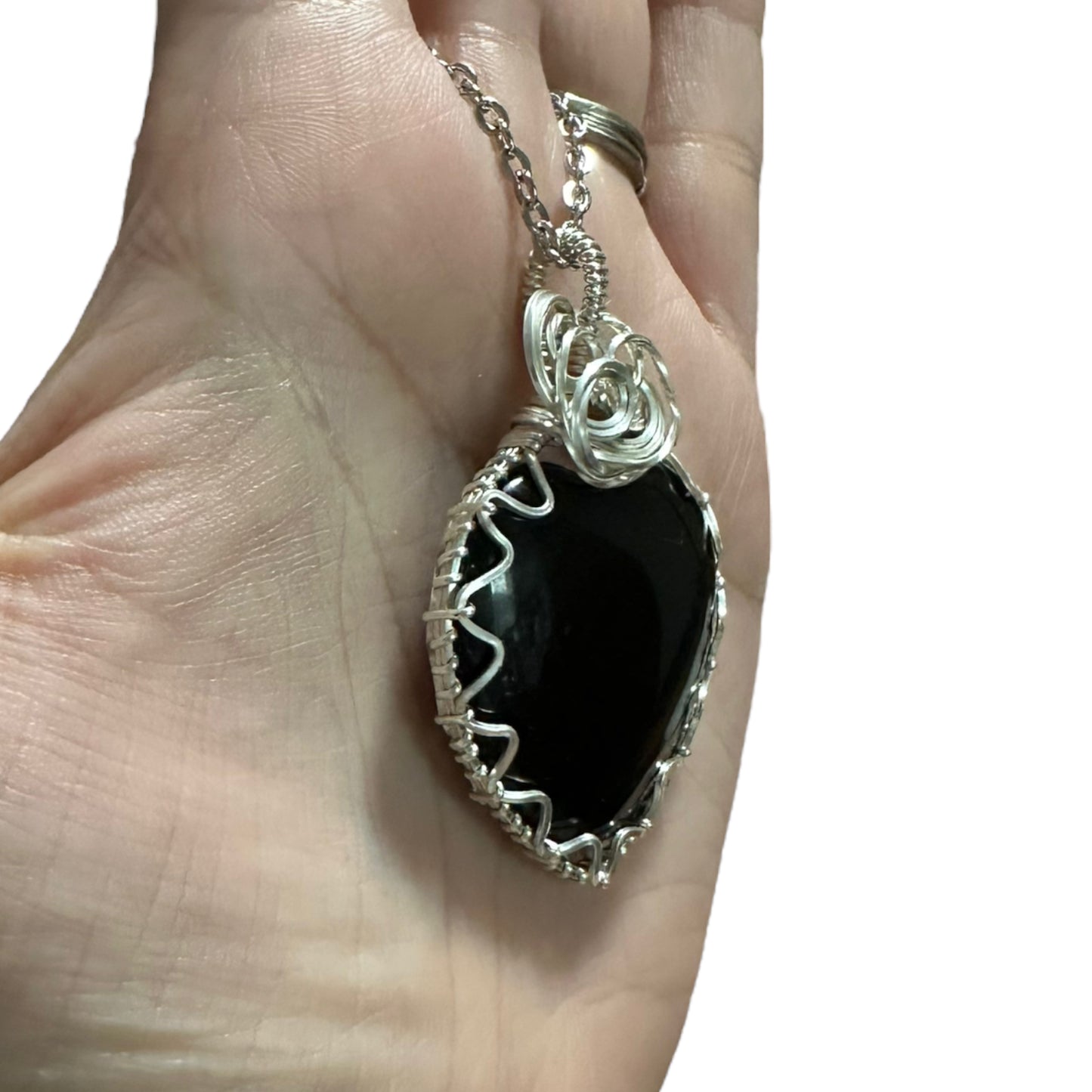 Sterling Silver Wire Wrapped Onyx Heart Crystal Triangle Bezel Pendant