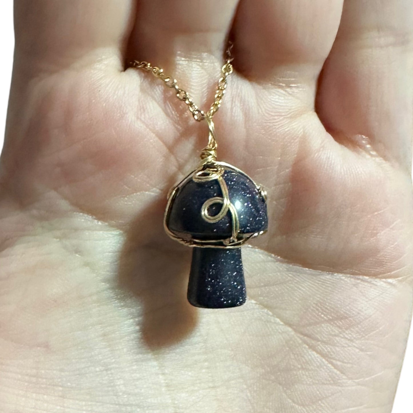 Sterling Silver | 14KT Gold Filled Blue Goldstone Wire Wrapped Mushroom Crystal Pendant