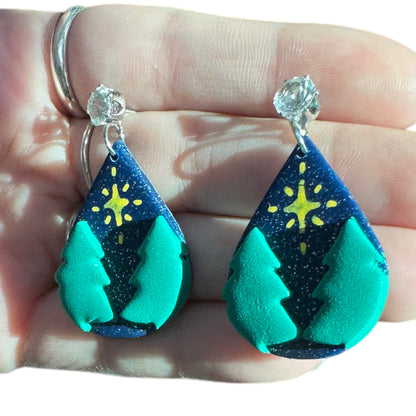 Hypoallergenic Christmas Hand Painted Trees at Night Teardrop Dangle Clay Earrings