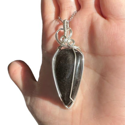 Sterling Silver Wire Wrapped Silver Sheen Obsidian Crystal Bezel Pendant