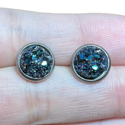 8MM Hypoallergenic Metallic Blue Druzy Earring Studs