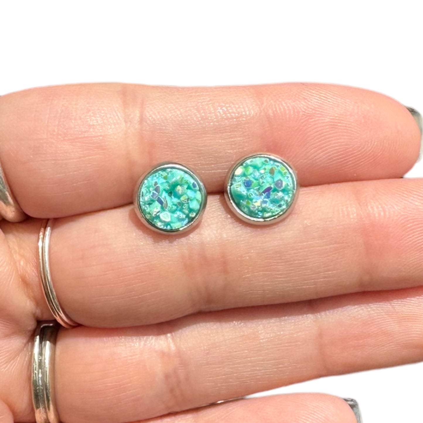 8MM Hypoallergenic Tiffany Blue Sparkle Druzy Earring Studs