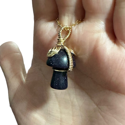 Sterling Silver | 14KT Gold Filled Blue Goldstone Wire Wrapped Mushroom Crystal Pendant