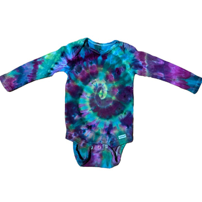 Infant 6-9 Months Purple Blue and Green Spiral Ice Dye Tie Dye Long Sleeve Onesie