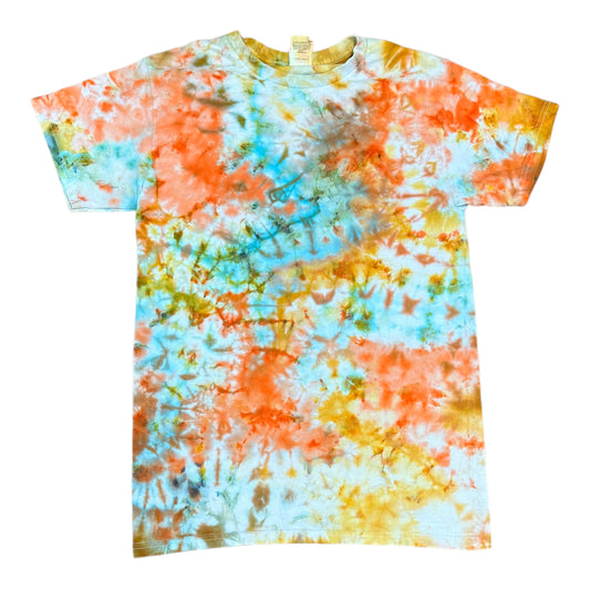 Adult Small Aqua Blue Orange and Yellow Scrunch Ice Dye Tie Dye Shirt