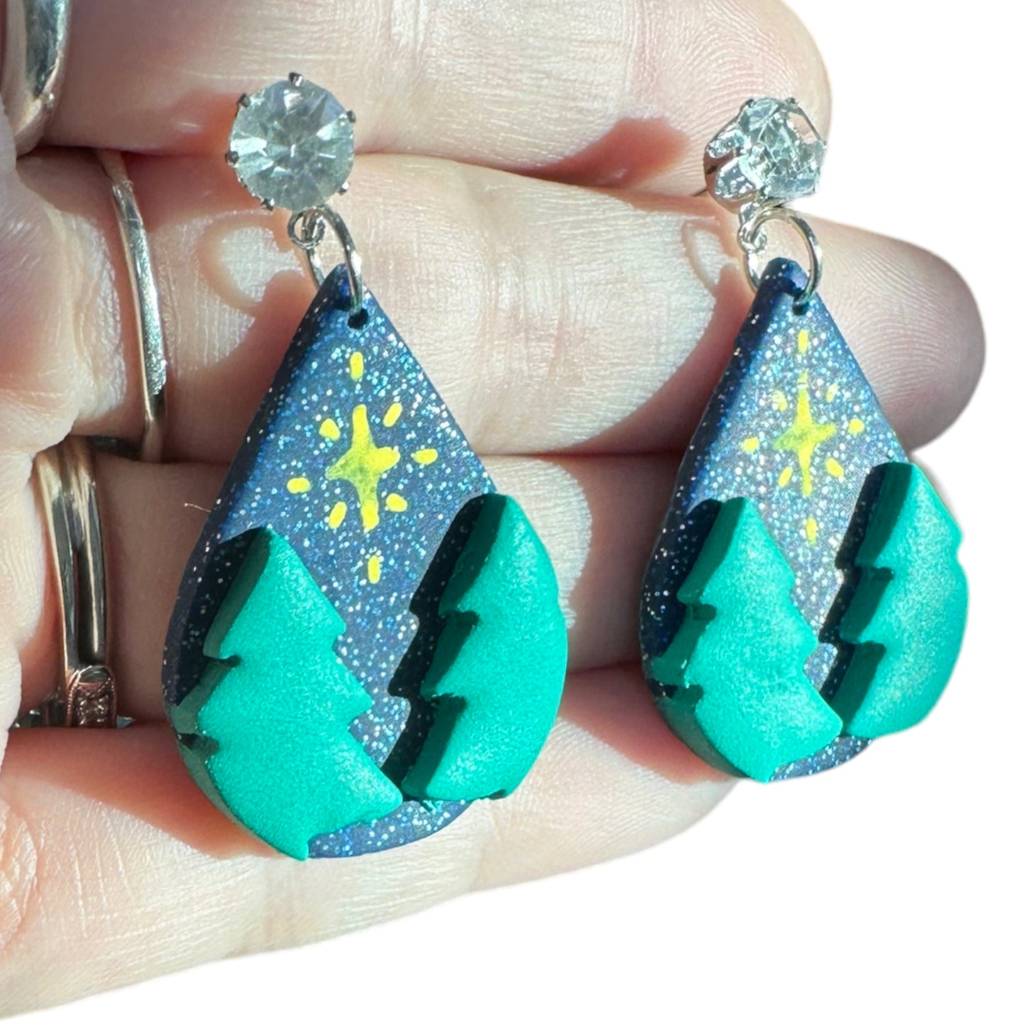 Hypoallergenic Christmas Hand Painted Trees at Night Teardrop Dangle Clay Earrings