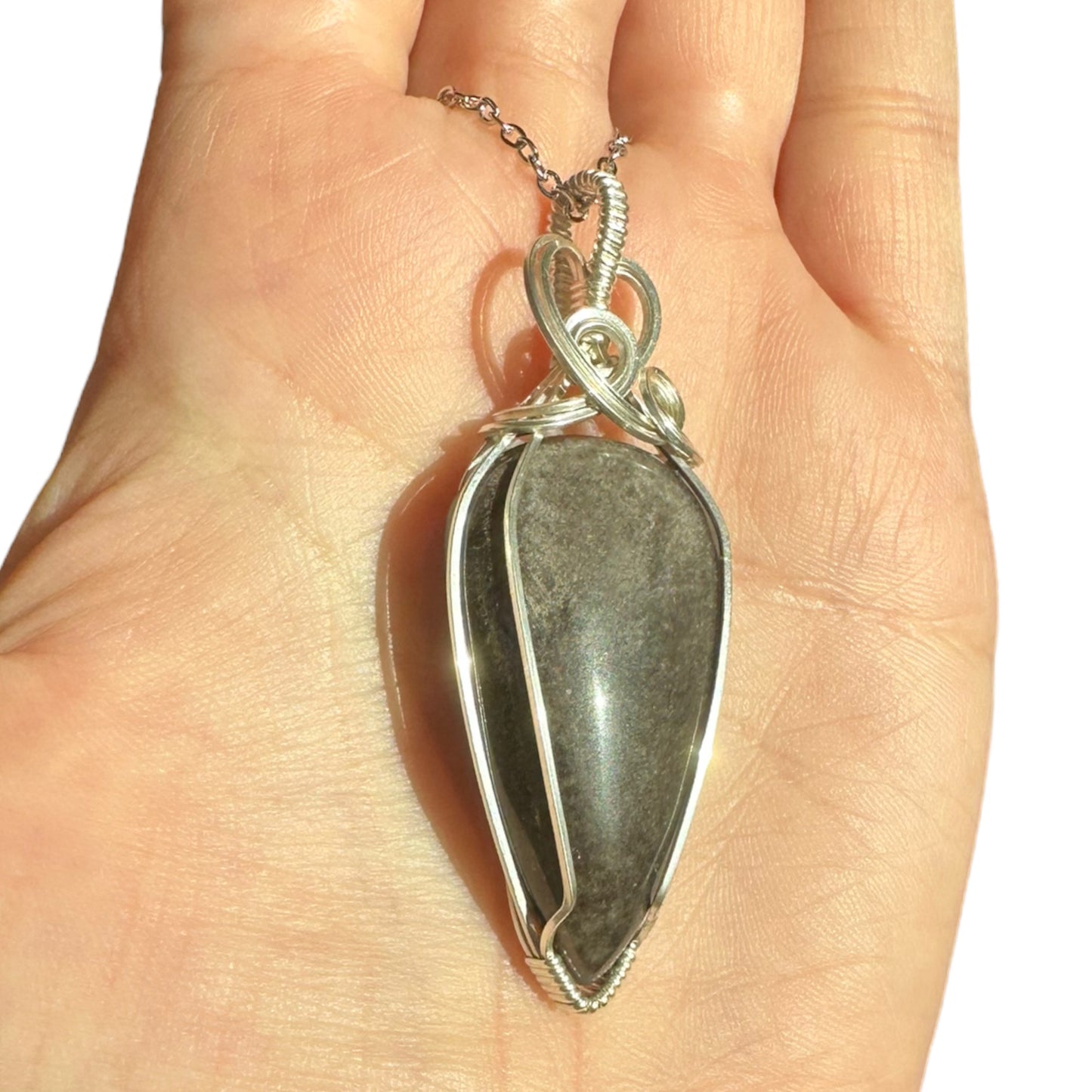 Sterling Silver Wire Wrapped Silver Sheen Obsidian Crystal Bezel Pendant