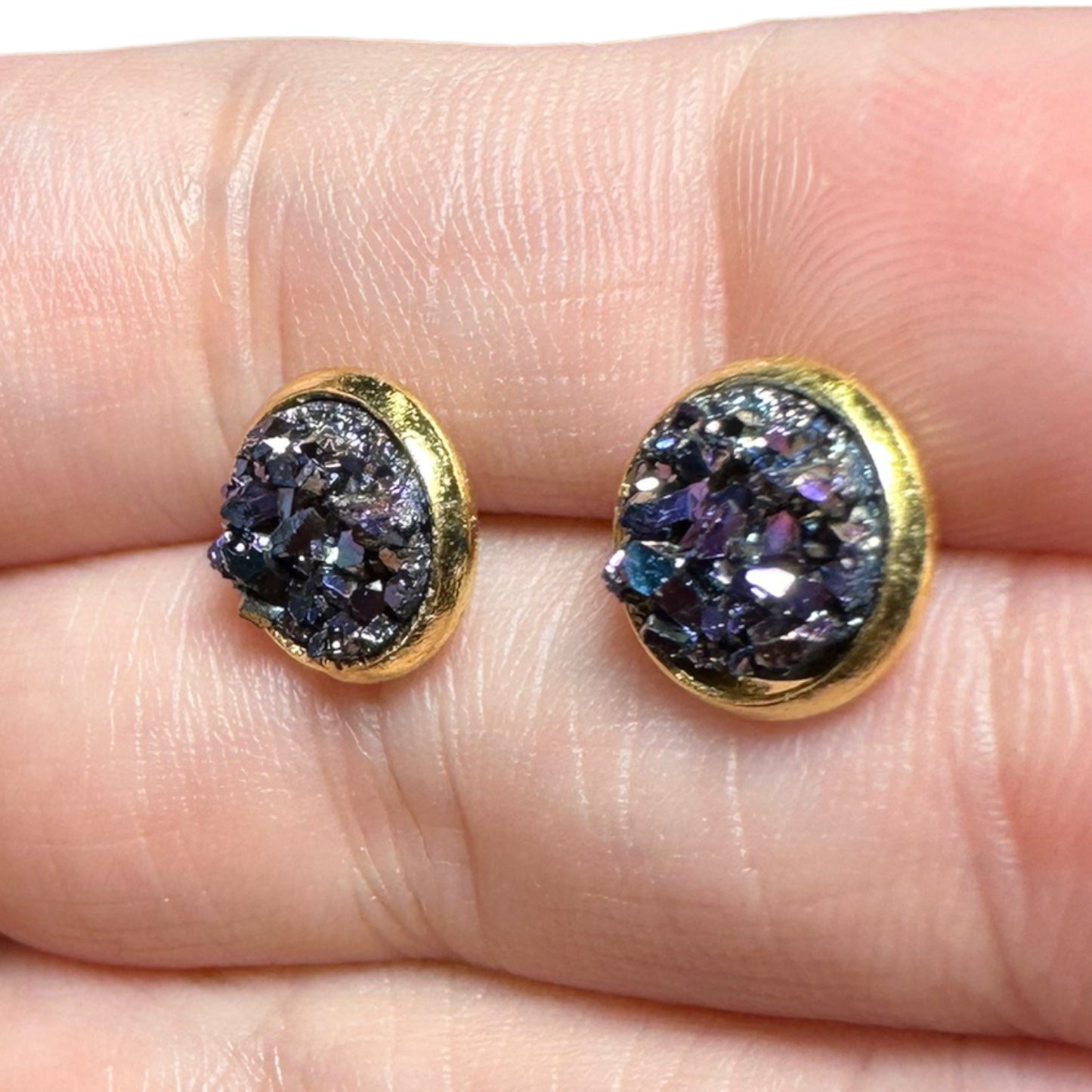 8MM Hypoallergenic Metallic Blue Druzy Earring Studs