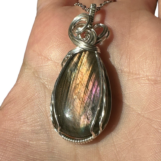 Sterling Silver Wire Wrapped Labradorite Crystal Bezel Pendant