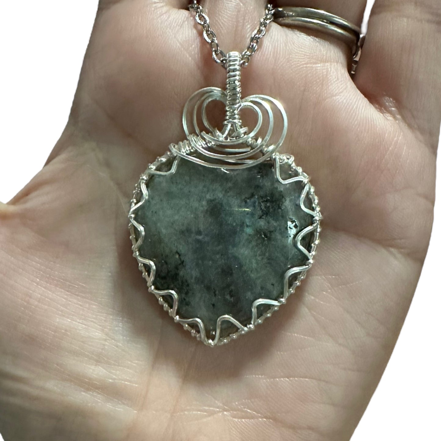 Sterling Silver Wire Wrapped Labradorite Heart Crystal Triangle Bezel Pendant