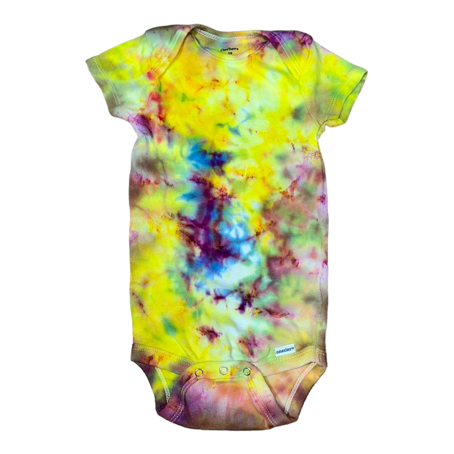 Infant 12 Month Green Yellow Purple and Blue Scrunch Ice Dye Tie Dye Onesie