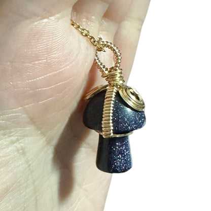 Sterling Silver | 14KT Gold Filled Blue Goldstone Wire Wrapped Mushroom Crystal Pendant