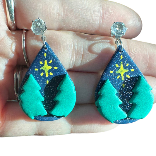 Hypoallergenic Christmas Hand Painted Trees at Night Teardrop Dangle Clay Earrings
