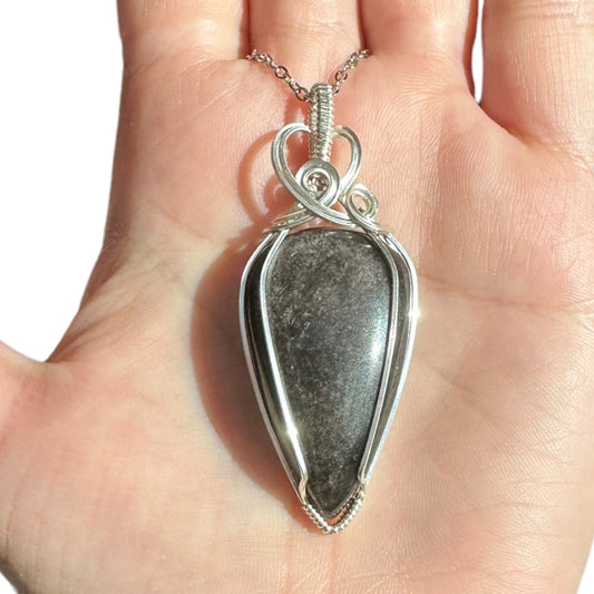 Sterling Silver Wire Wrapped Silver Sheen Obsidian Crystal Bezel Pendant