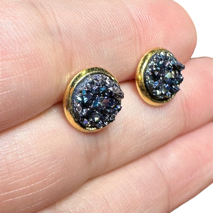 8MM Hypoallergenic Metallic Blue Druzy Earring Studs