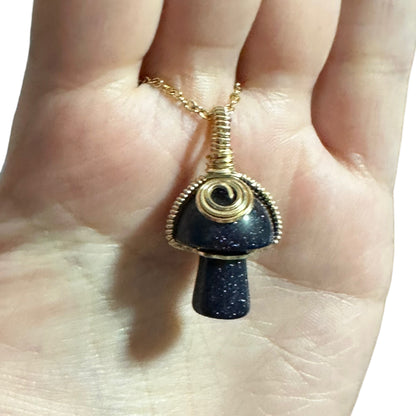 Sterling Silver | 14KT Gold Filled Blue Goldstone Wire Wrapped Mushroom Crystal Pendant